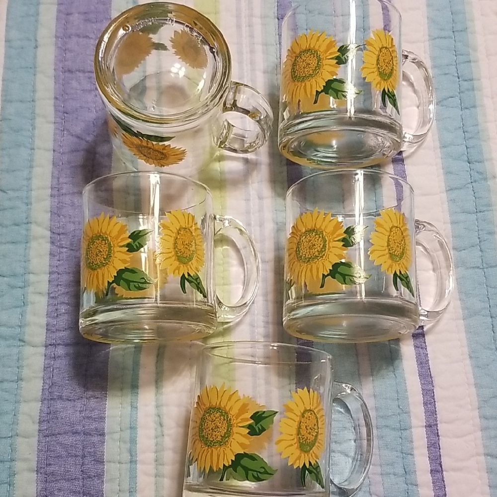 Clear Glass Sunflower Mugs - Set of 5